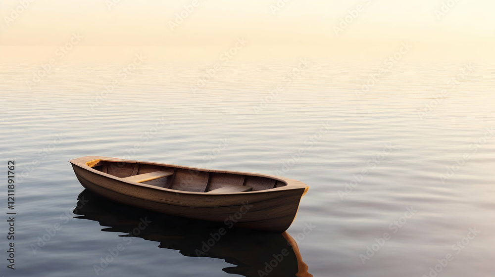 Naklejka premium Solitary wooden rowboat on calm lake at dawn; peaceful, serene scene; ideal for travel, relaxation, and tranquility themes