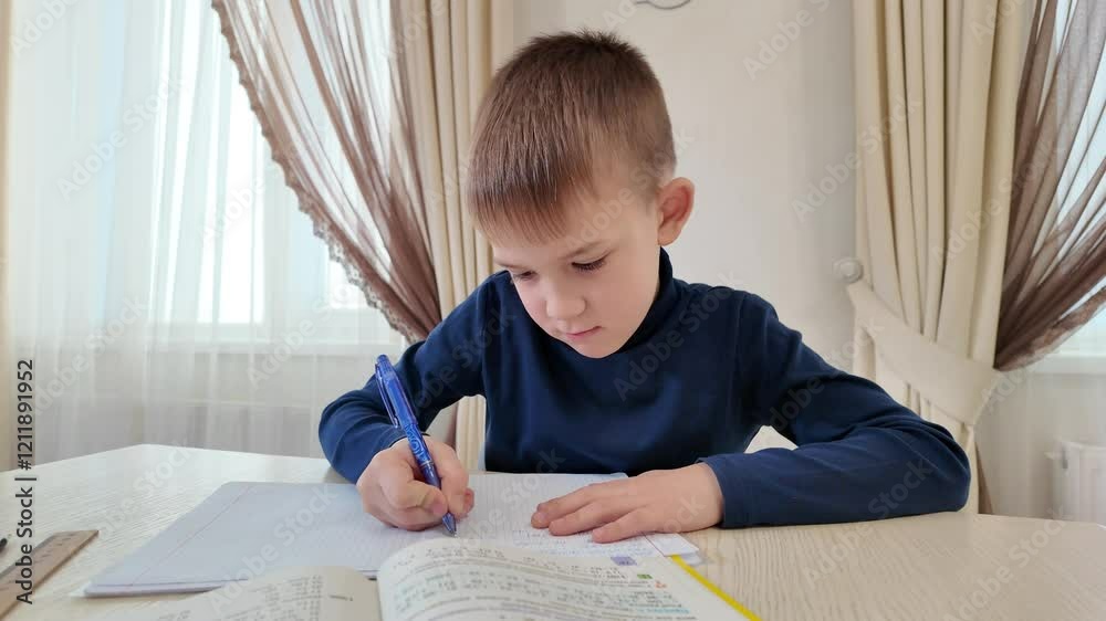 A 7 year old boy does homework - writes in a notebook with pen A 7 year old boy does homework - writes in a notebook with pen