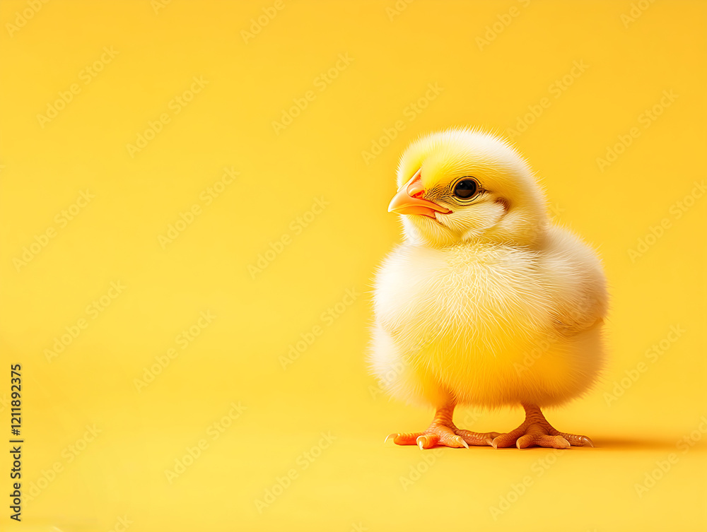 Fototapeta premium Little newborn chicken on yellow background. Yellow bird on spring sunny backdorp. Happy Easter concept. Banner, card with cute funny chick pet. Organic farm, love animals theme with copy space.