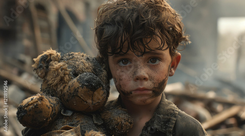 A child covered in mud holds a worn teddy bear in front of a destroyed house, symbolizing loss, resilience and hope amidst destruction and hardship photo