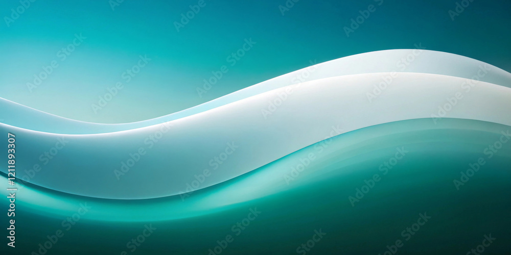 Obraz premium Soft, flowing curves create a sense of movement against a calming gradient of green and teal hues. The abstract design is both serene and modern, evoking the fluidity of waves.Space for text.AI