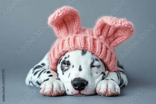 Dalmatian puppy is gently dozing in a cozy pink knitted Easter hat with rabbit ears. photo