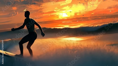 Surfer riding waves during vibrant sunset at the beach in summer