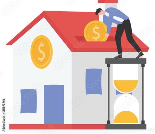 Mortgage and Home Buying Concept. Businessman Standing on clock Putting Golden Coin into Slot at Roof of Cottage House.

