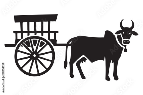 Silhouette of a Cart Pulled by a Single Ox  Farm Animal Illustration