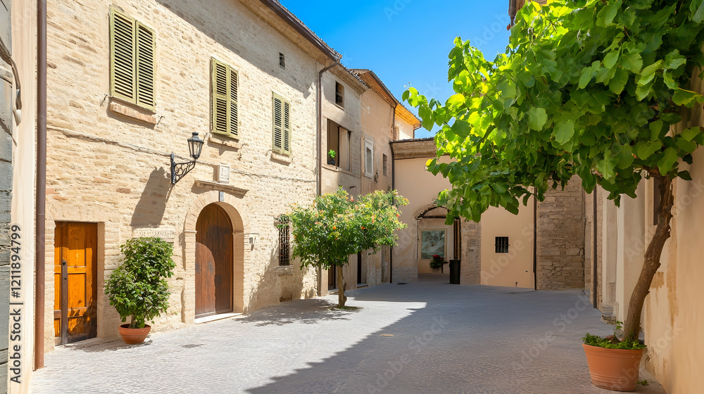 Naklejka premium Sunny Italian village alleyway, stone buildings, lush greenery, peaceful atmosphere, ideal for travel brochures