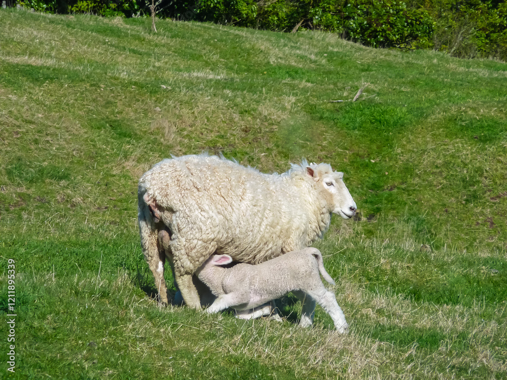 Fototapeta premium Heartwarming scene of mother sheep tenderly nursing her newborn lamb in New Zealand. Lamb stands on wobbly legs. Head tucked under mother's belly as it suckles. Lush green grass. Peaceful atmosphere