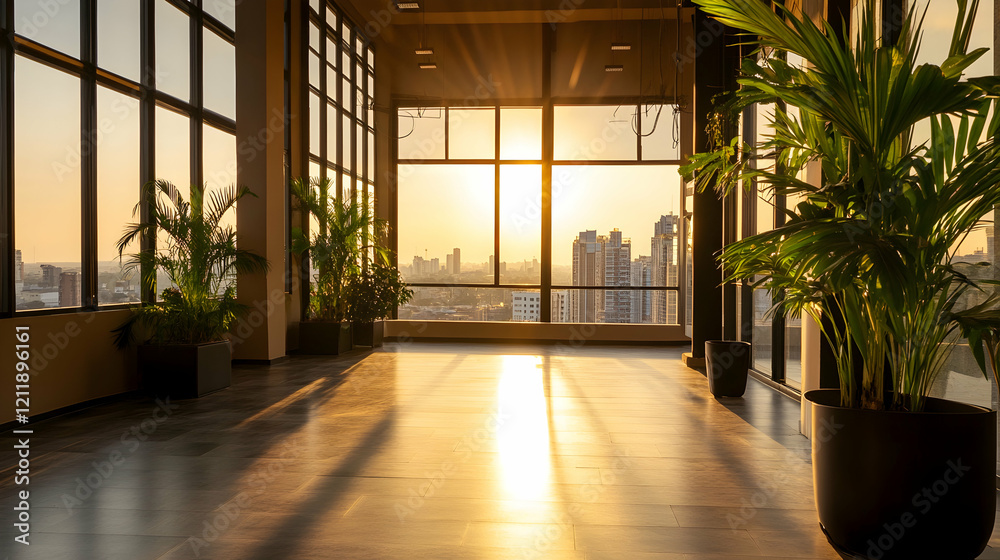 Fototapeta premium Sunset view from modern office lobby; city skyline backdrop; ideal for corporate presentations