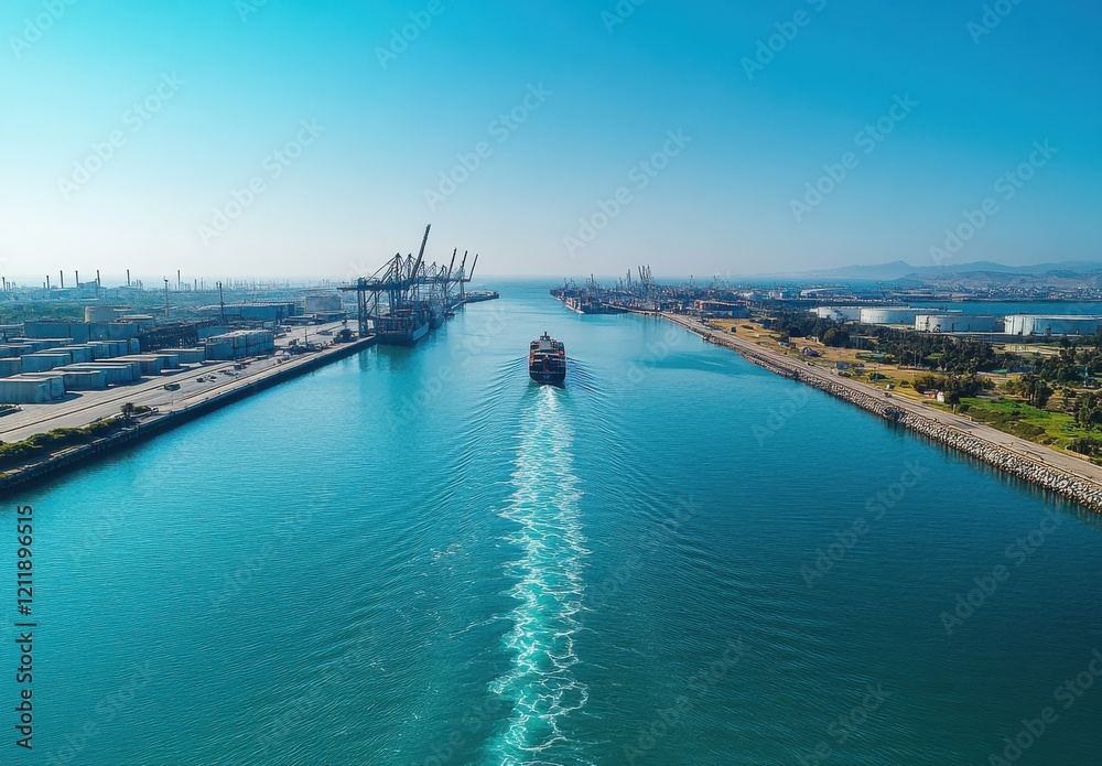 Fototapeta premium Aerial View of a Shipping Channel with Container Terminal and Cargo Ship Navigating Through Calm Blue Waters Under Clear Sky
