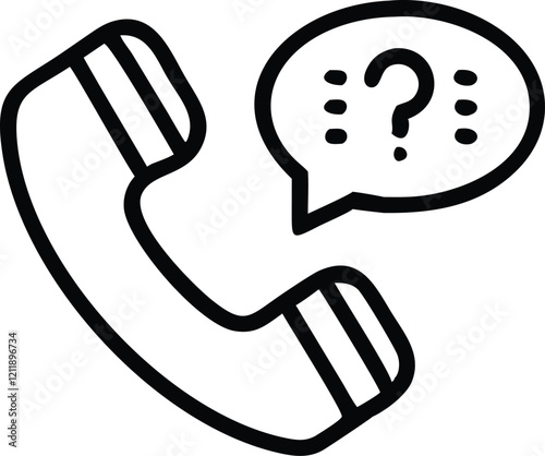 black and white icon, telephone receiver, speech bubble, question marks, simple line drawing, minimalist design, communication concept, confusion symbol, customer service illustration, retro phone gra