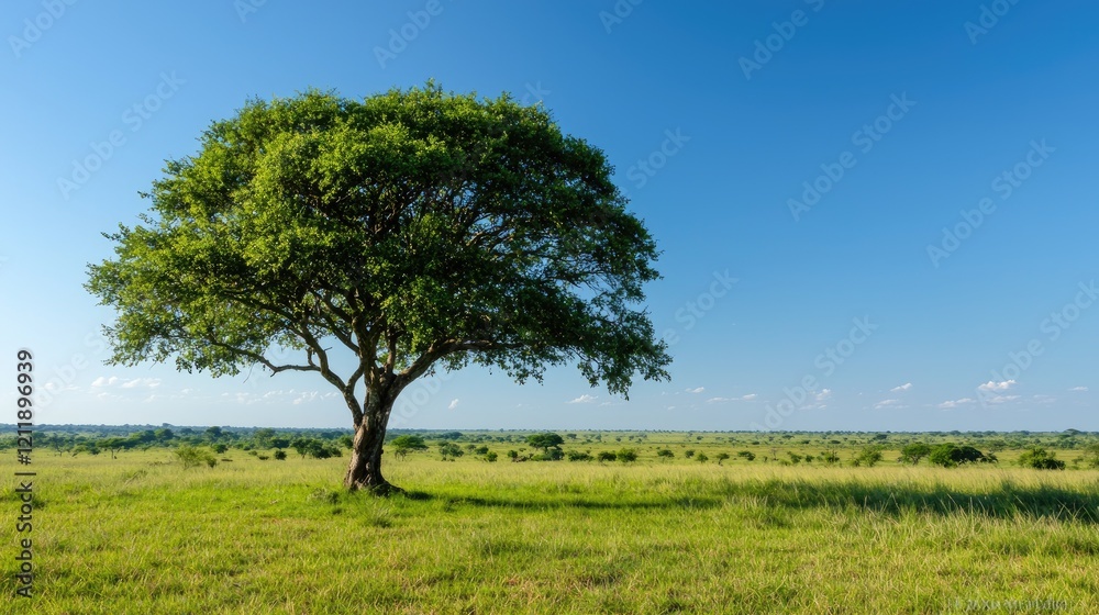 Solitary tree in African savanna under a clear blue sky; ideal for nature documentaries or travel brochures Solitary tree in African savanna under a clear blue sky; ideal for nature documentaries or travel brochures