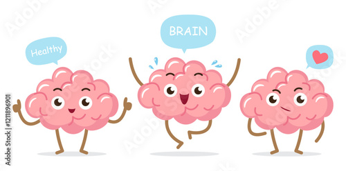 Happy and healthy brain . Set of medical cartoon characters . Isolated on white background . Vector .