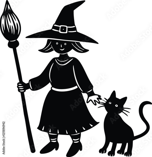 Witch with a broomstick and a cat vector illustration, witch with a broomstick and a cat silhouette vector art, witch with a broomstick and a cat line art vector