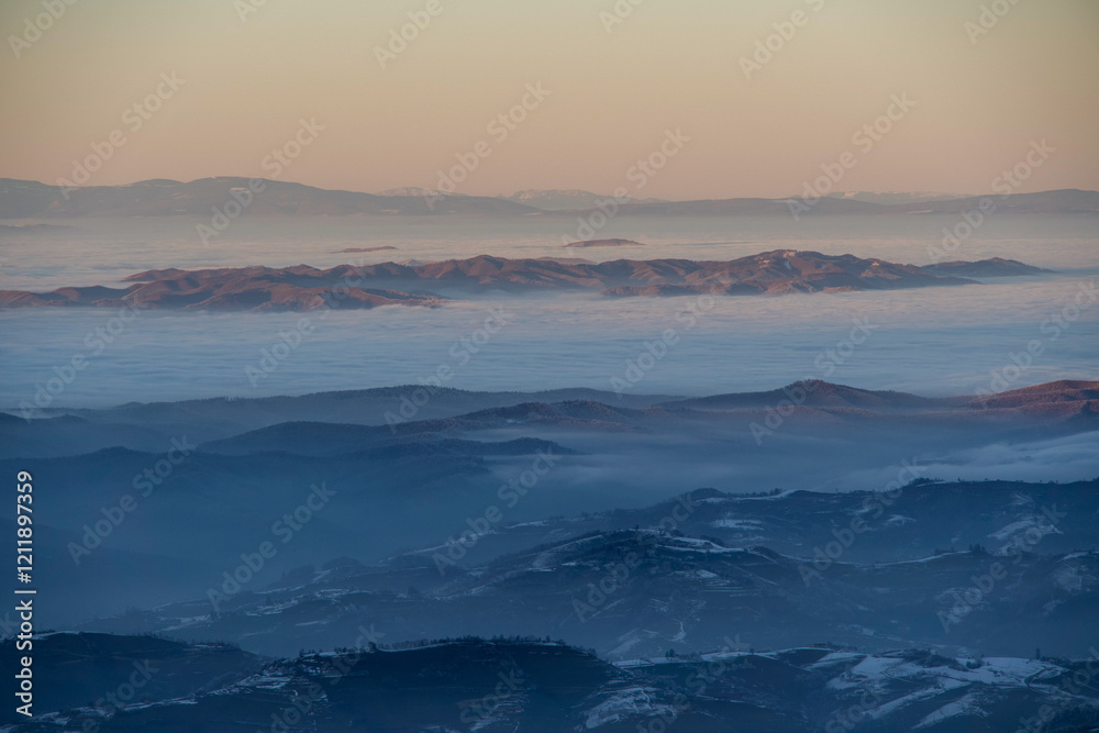 sunset over the mountains, Piatra Mica Peak, Piatra Craiului Mountains, Romania sunset over the mountains, Piatra Mica Peak, Piatra Craiului Mountains, Romania