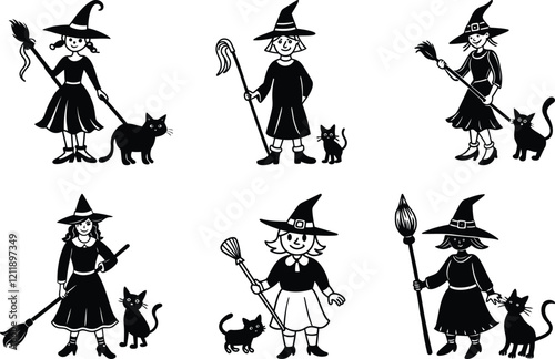 Witch with a broomstick and a cat vector illustration set, witch with a broomstick and a cat silhouette vector art, witch with a broomstick and a cat line art vector