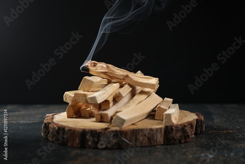 Palo santo sticks and smoldering one on dark table, closeup
