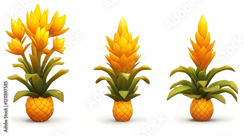 Three vibrant yellow pineapple plants, isolated on white, perfect for tropical designs or gaming assets photo