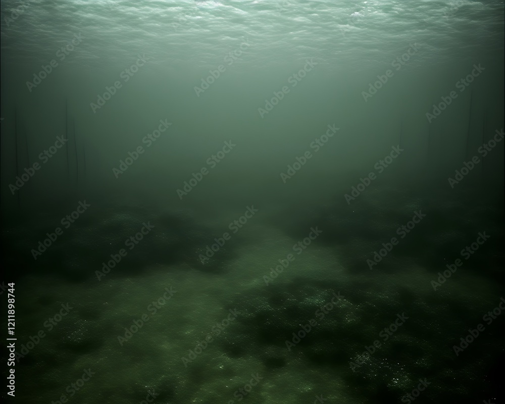 Fototapeta premium Dark, murky underwater scene with rocks and sandy bottom.