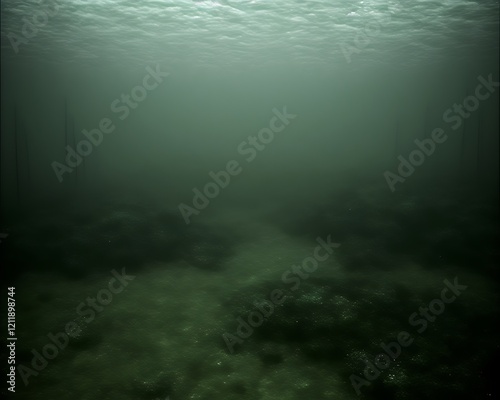 Dark, murky underwater scene with rocks and sandy bottom.