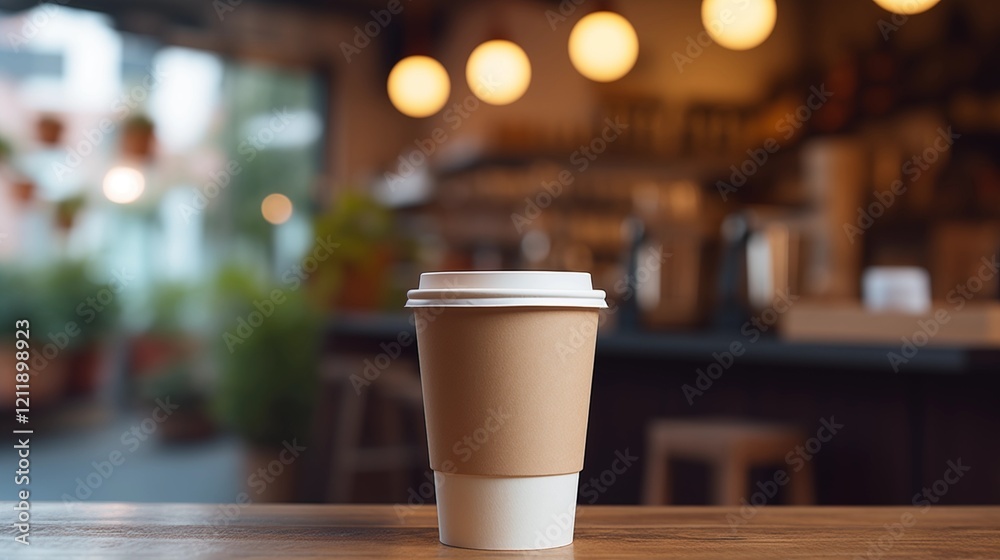 Eco-friendly disposable coffee cup on a wooden table with a blurred cafe background, ideal for coffee shop or takeaway themes. Eco-friendly disposable coffee cup on a wooden table with a blurred cafe background, ideal for coffee shop or takeaway themes.