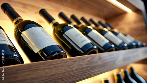 Close-up of wine bottles on a wooden shelf in an elegant setting.
