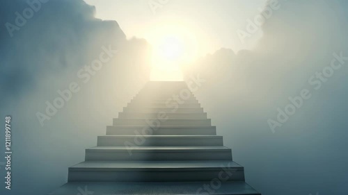 Staircase leading to light through misty clouds.