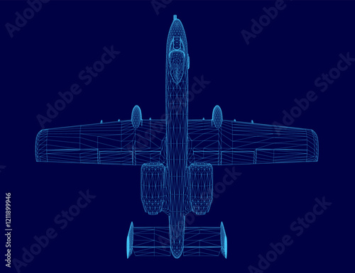 Blue airplane is shown in a computer generated image. The image is in black and white and the airplane is shown in a very detailed and realistic manner. Scene is one of awe and wonder