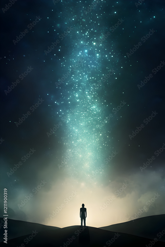 Fototapeta premium A person standing under a glowing sky filled with stars, symbolizing hope, guidance, and inner peace.