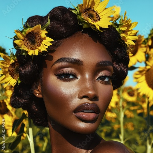 Woman adorned with sunflowers amidst lush field photo