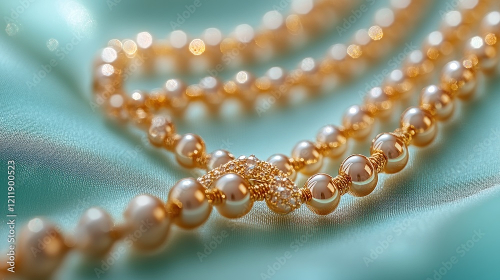 Elegant pearl necklace, gold clasp, teal fabric. Elegant pearl necklace, gold clasp, teal fabric.