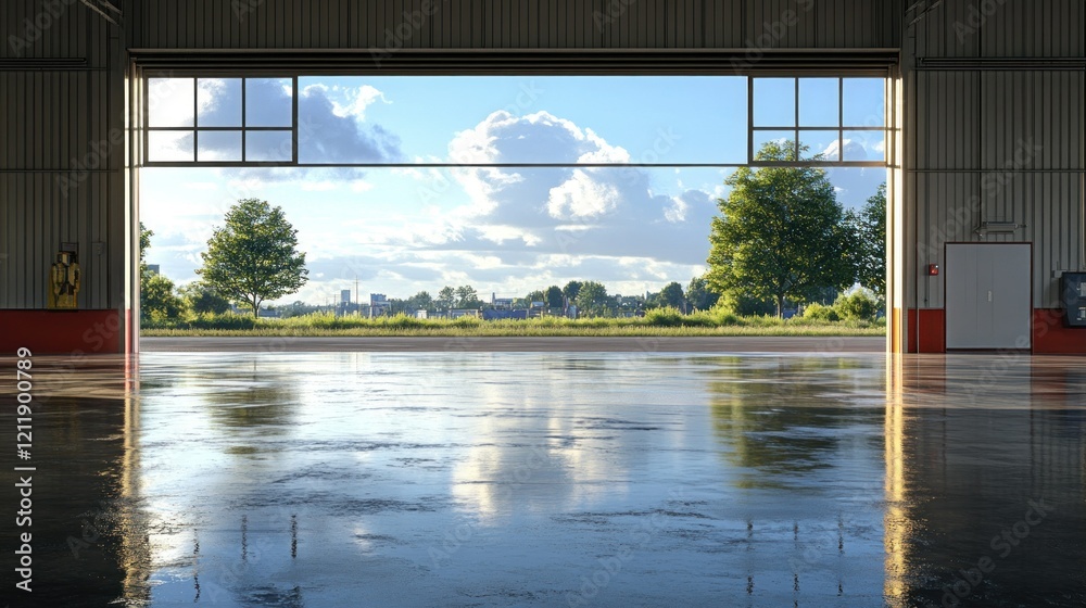 Fototapeta premium Hangar Door Opens to Scenic View: A Breathtaking Panorama of Nature and Cityscape