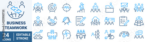 Business teamwork line web icons. Containing team, cooperation, group, people, organization, collaboration, communication, partnership, leadership, support, unity, community. Vector illustration