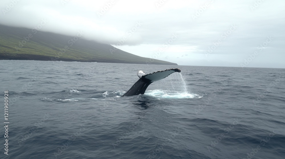 Fototapeta premium A spectacular view of a humpback whales tail splashing in the ocean