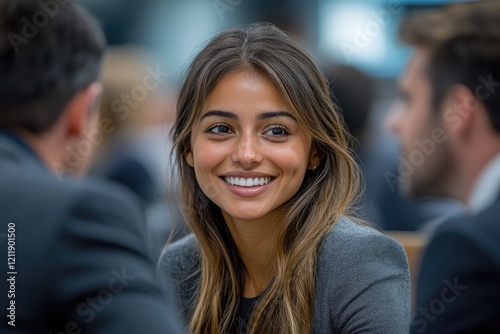 Wallpaper Mural A smiling woman sits among others at a table, surrounded by laughter and conversation Torontodigital.ca