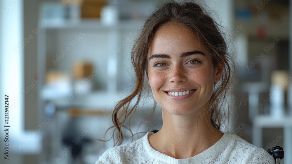 © Fotograf - A woman with long hair smiles directly into the camera, her expression warm and inviting