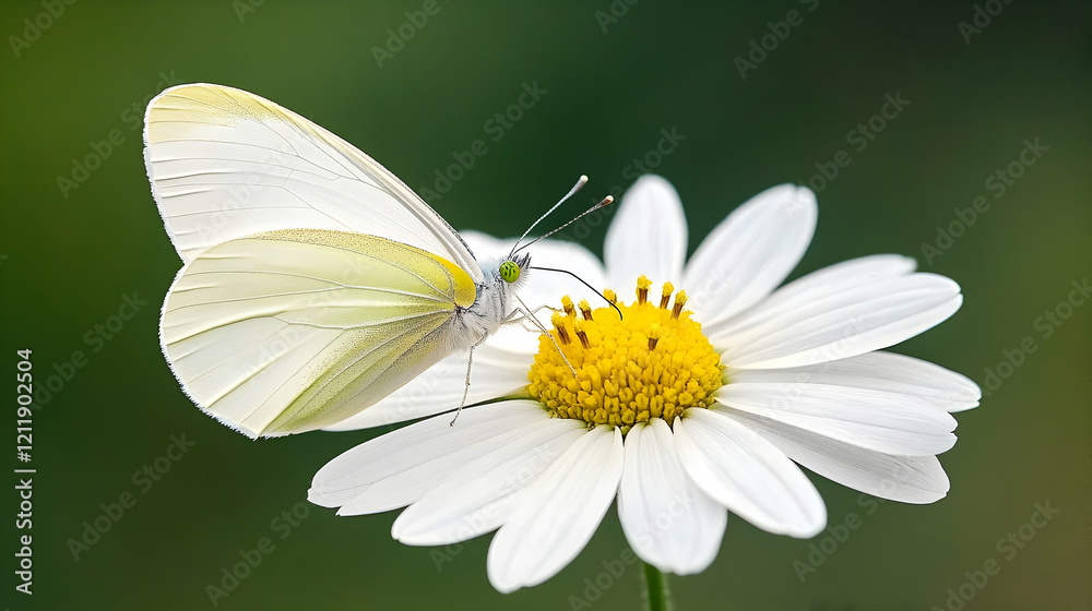 White butterfly on daisy, garden background, nature photography, ideal for nature websites or publications White butterfly on daisy, garden background, nature photography, ideal for nature websites or publications