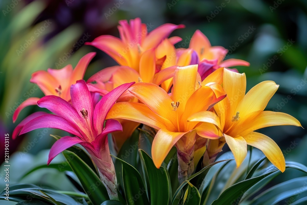 Fototapeta premium Bright tropical flowers bloom in a lush garden setting during the day