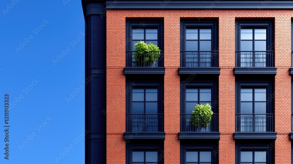Modern brick apartment building, city view, balconies, plants, sunny day, real estate