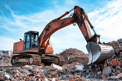 Heavy excavator dismantling rubble under a light blue sky on a construction site