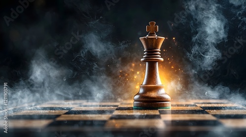 Majestic Chess King Stands Tall with Glowing Aura Symbolizing Ultimate Power and Strategic Dominance on a Dramatic Chessboard Backdrop photo