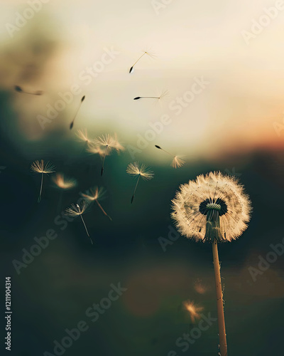 A dandelion in a field at sunset