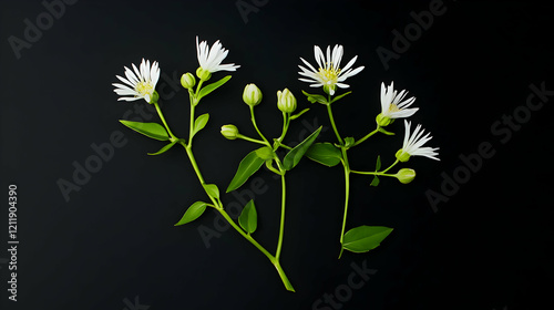 White wildflowers on black background, studio shot, nature photography, ideal for greeting cards photo