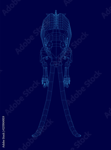 Blue image of a skeletonized dinosaur with a long tusk. The image is a digital rendering of a dinosaur, and the blue colors give it a futuristic and otherworldly feel