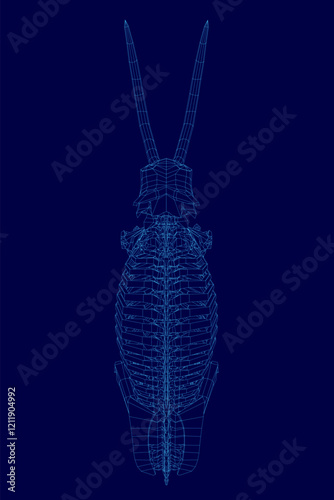 Blue image of a skeletonized elephant. The skeleton is shown in a very detailed and realistic way, with the bones clearly visible. Concept of awe and wonder at the incredible size