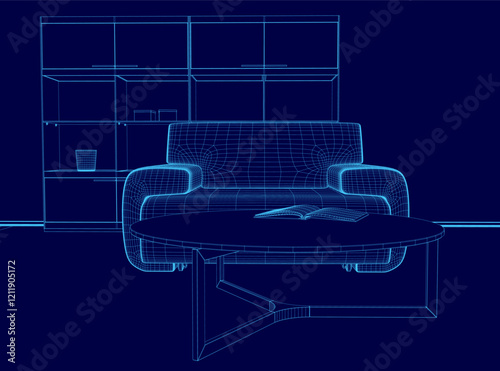 Blue image of a living room with a couch and a coffee table. The couch is a large, modern design with a blue color scheme