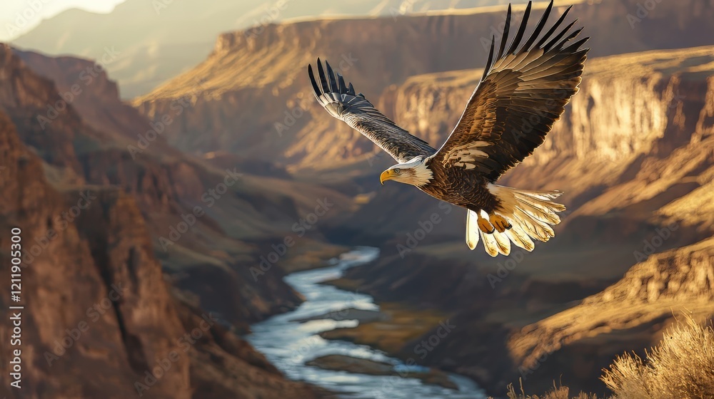 Fototapeta premium A Majestic Bird Gliding Gracefully Above the Calm Waters of the River in a Beautiful Natural Setting