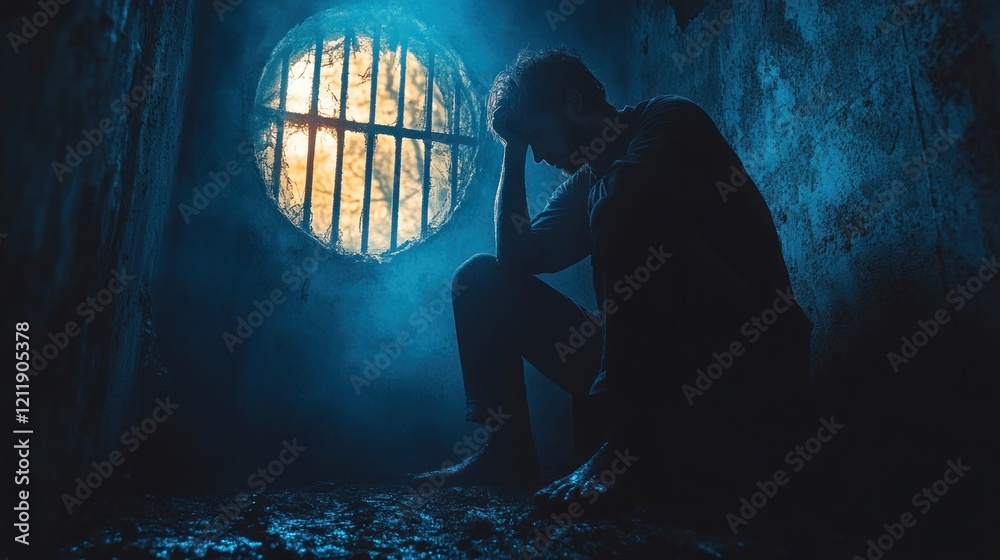 Fototapeta premium Despondent man in dark cell, barred window