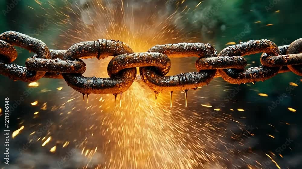 Breaking Chains: A compelling visual metaphor of strength and liberation, showcasing the moment of a rusty chain snapping apart with dynamic sparks.