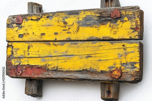 A worn-out wooden sign with peeling, rusty paint photo