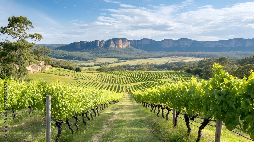 Fototapeta premium Scenic Vineyard Landscape with Lush Green Grapevines and Majestic Mountains in Background